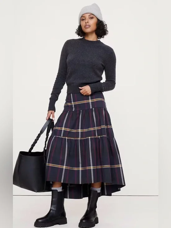 Banana Republic Plaid Tiered Midi Skirt Dark Academia Preppy Fall Collegiate NEW - Picture 1 of 5